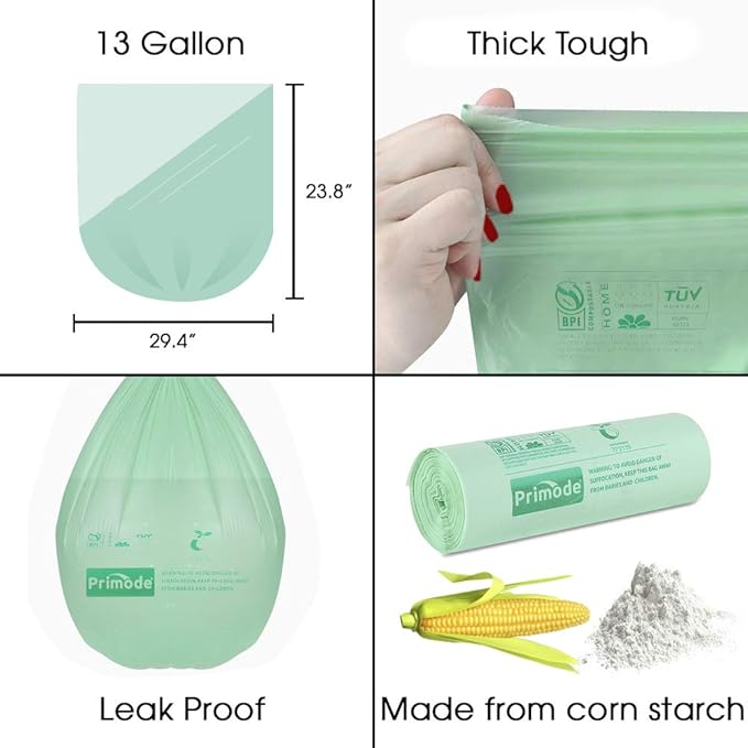 Primode Compostable Trash Bags 13 Gallon | 30 Count Tall Kitchen Compost Bags, Food Waste Bags, Certified Compost Bags, Certified by BPI and by TÜV AUSTRIA, Extra Thick 0.87