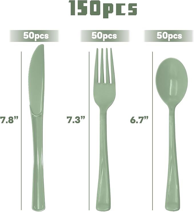 150 PCS Sage Green Plastic Silverware Heavy Duty Utensil Sets Include 50 Disposable Forks, 50 Knives, 50 Spoons for Birthday, Baby Shower, Picnic, Spring Party, Wedding