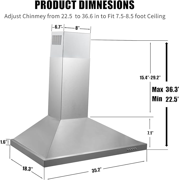 36 inch Range Hood, Wall Mounted Vent Hood in Stainless Steel, Ducted/Ductless Kitchen Hood w/Push Button Control, 3 Speed Exhaust Fan, 3 Pcs Baffle Filters, Energy Saving LED Light