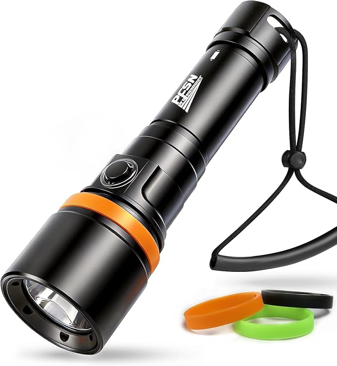 PFSN 3600 Lumens Dive Light, 150M Underwater Waterproof Diving Flashlight, 300M Long Range Beam, 20H Battery Life & Fast Charging, Rechargeable Scuba Dive Torch for Snorkeling Caving Spearfishing