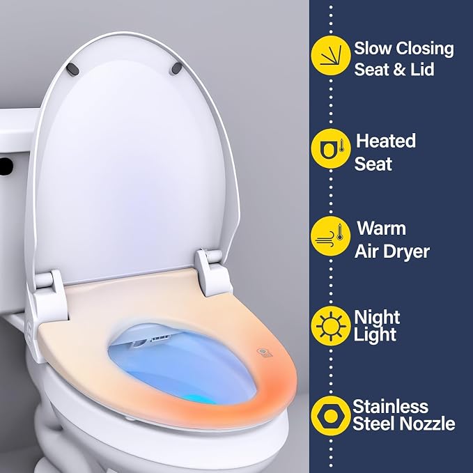 Heated Bidet Toilet Seat Elongated 102S-W, Unlimited Warm Water, Warm Air Dryer & Heated Seat, Electric Bidet with Remote Control, Self Cleaning Nozzle, Night Light, Soft Close Lid