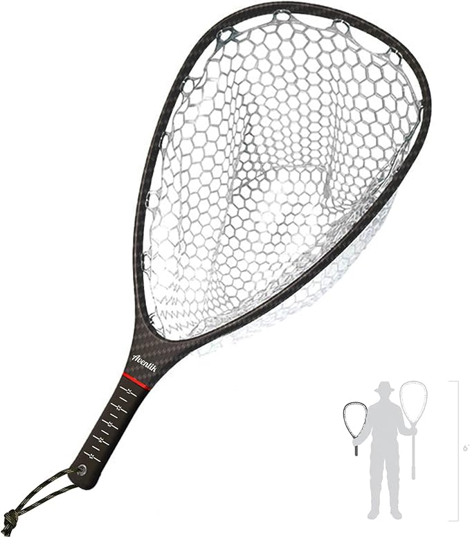 Riverruns Fly Fishing Landing Net Carbon Fiber Trout Net with Measurement Handle, Soft Rubber Mesh - 26" Standard (Wading) / 37" Long (Kayak)