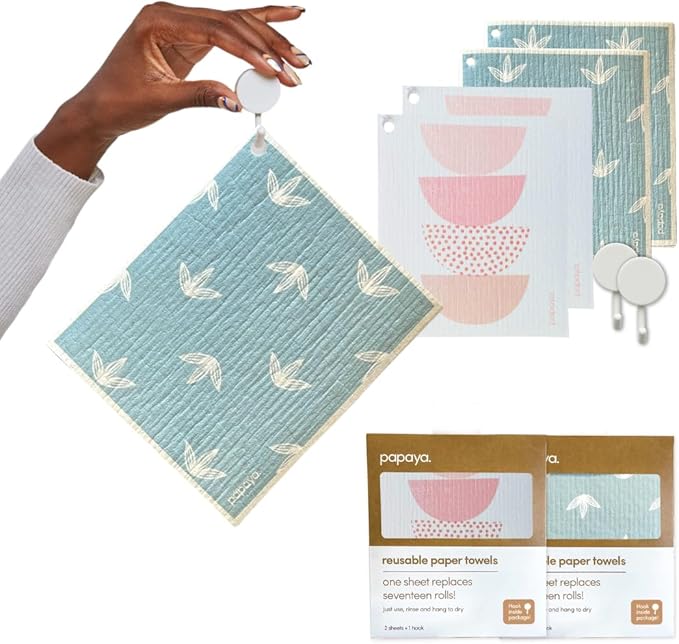 Papaya Reusable Paper Towels, Premium Swedish Dishcloths with Hook, Non-Scratch Reusable Paper Towel, 1 Sheet Replaces 17 Rolls - 4 Sheets, 2 Hooks