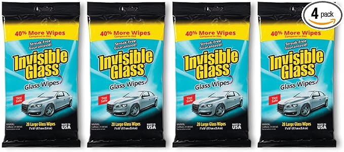 Invisible Glass 90161-4PK Large Glass Cleaning Wipes for Streak-Free Windows, Mirrors, and Glass, Lint-Free, Ammonia-Free, Tint-Safe, for Home and Auto, Flat Pack, 28 Count (Pack of 4)