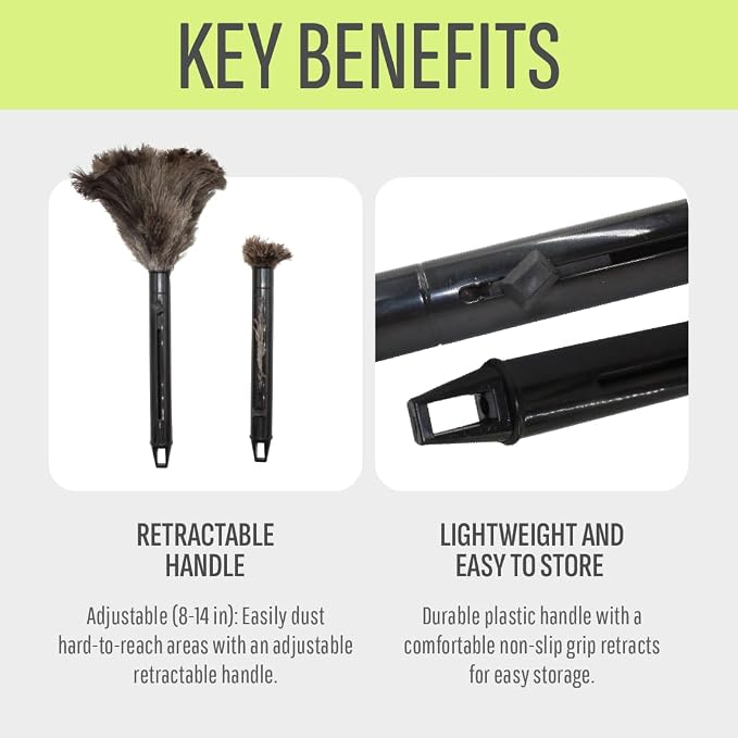 Retractable Feather Duster 8-14 in Adjustable - Natural Ostrich Feather Duster for Cleaning Ceiling Fans, Blinds, Plantation Shutters, Walls & Furniture - Quality Checked in USA - 2 Pack