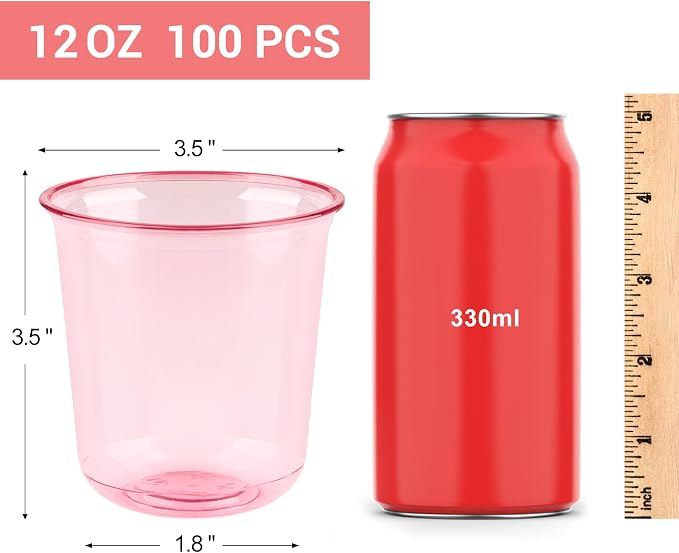 100 Pcs Pink Plastic Cups, 12oz Disposable Stemless Wine Glasses Pink Cocktail Party Cups for Graduation, Meeting, Wedding, Birthday Party