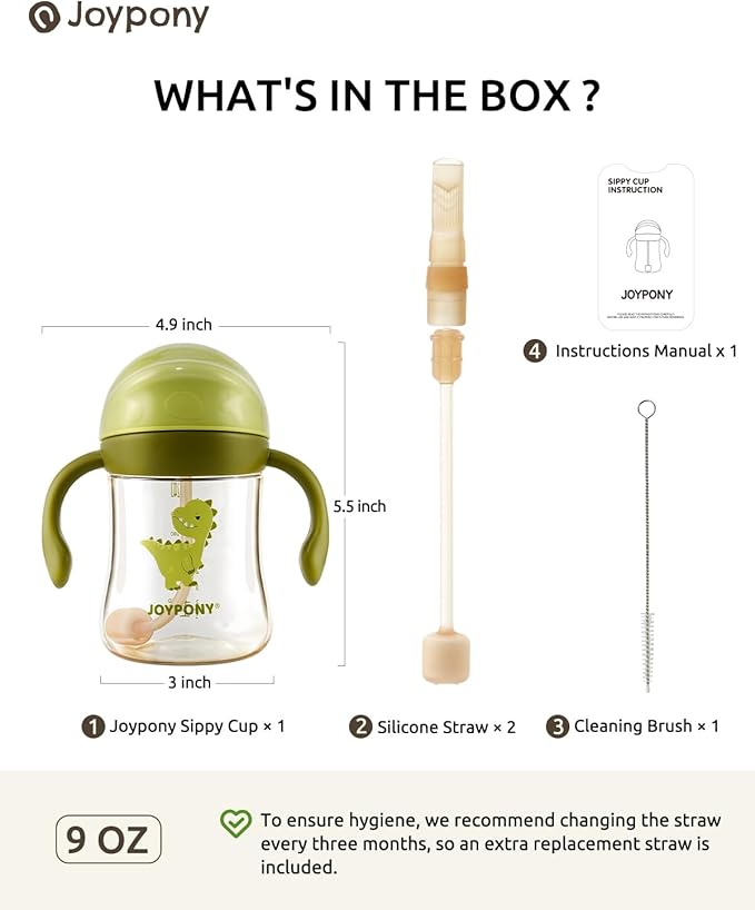 Joypony Sippy Cups for Toddlers 1-3, Spill Proof Weighted Straw Cup with Handle for Baby 6 Months + old, 2 Silicone Straws, PPSU, BPA Free, 9 oz (Green)