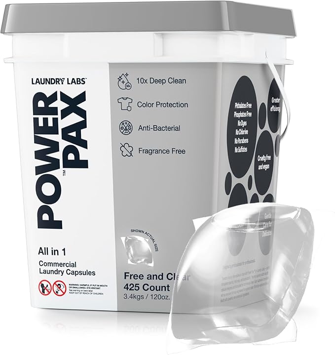 PowerPax Power Pellets Laundry Detergent Capsules, Free and Clear Unscented, 425 Count – Stain Remover, Odor Eliminator, Color Protection and Fabric Softener for Everyday Laundry Cleaning