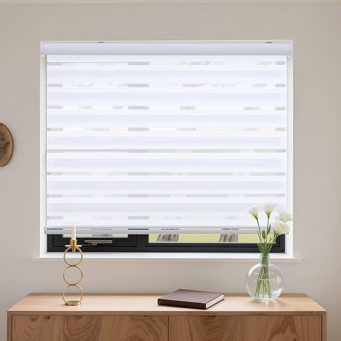 MYshade Cordless Zebra Blinds with Free-Stop Function - Dual Layer Light Filtering & Privacy Sheer Shades for Day and Night - Easy Install Window Shades for Home, Living Room, 49" W x 72" H,White