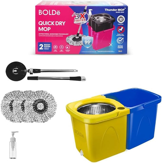 Thunder Mop Spin System - Double-Sided - 2 Compact Stackable 6L Buckets, Microfiber Head, Stainless Steel Wringer, Antifungal Quick-Dry Cleaning, Soap Dispenser, 3 Free Refills (Yellow/Blue)