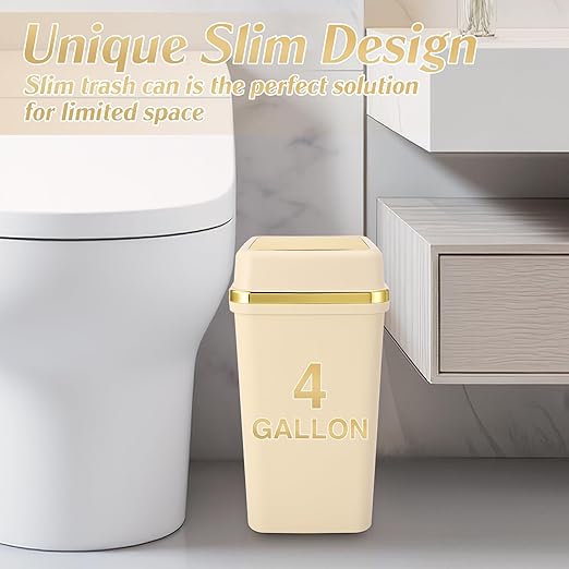 3 Pack Bathroom Trash Can with Lid 4 Gallon Small Trash Can with Swing Lid Bathroom Garbage Can with 225 Counts Trash Bags for Kitchen Bedroom Office(Black White Beige)