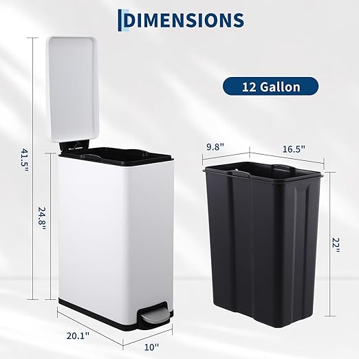 Garvee Slim Trash Can with Lid, 12 Gal (45 L) Stainless Steel Kitchen Garbage Can with Inner Bucket and Step On Foot Pedal, Narrow Metal Trash Bin, White