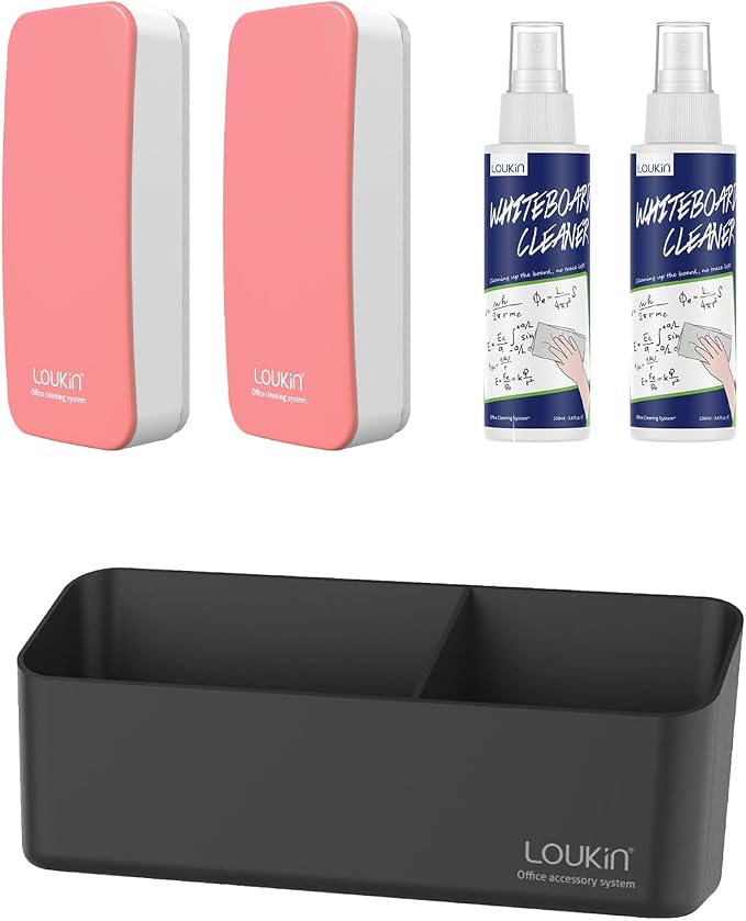 LOUKIN Whiteboard Accessories Bundle | Magnetic Dry Erase Eraser (Pink) 2 Pack & Non-Toxic Whiteboard Cleaner (3.4 fl oz) 2 Pack & Magnetic and Adhesive Marker Holder (Black)