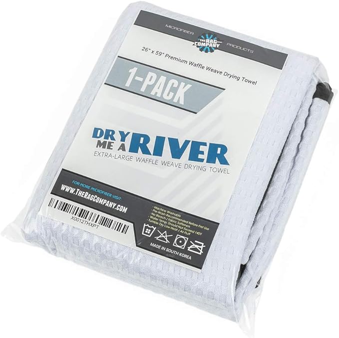 The Rag Company Dry Me A River, Professional Korean 70/30 Blend Microfiber Waffle-Weave Drying & Detailing Towels, Soft Suede Edges, 390 GSM, 26x59 Inches, White, 1-Pack