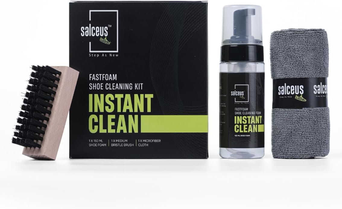 Quick Fastfoam Sneaker Shoe Cleaning Kit 150ml Shoe Cleaner Foam, Medium Bristle Shoe Brush & Microfiber Cloth | White - Sports Shoes Cleaning Kit | All-Purpose Cleaner | Shoe Stain Removal