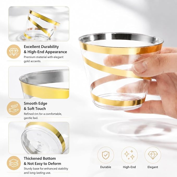 100 Pack 9 OZ Clear Plastic Cups with Gold Rim, Disposable Rimmed Swirl Cocktail Party Cup, Heavy Duty Elegant Wine Glasses, Drinking Tumbler for Weeding Christmas Single Party (Black, Gold)