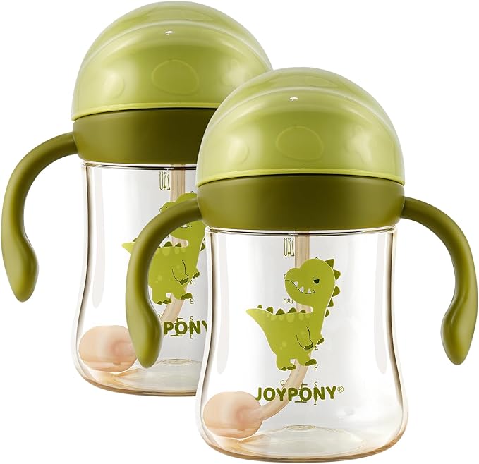 Joypony Sippy Cups for Toddlers 1-3, Spill Proof Weighted Straw Cup with Handle for Baby 6 Months + old, 2 Pack, Total 4 Silicone Straws, PPSU, BPA Free, 9 oz (Green)