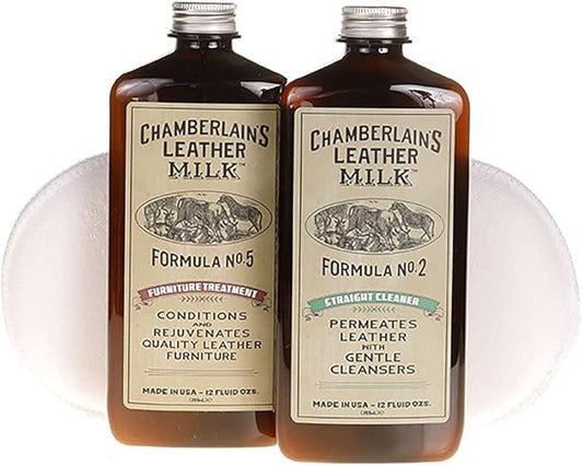 Leather Milk Leather Furniture Cleaner & Conditioner Kit (2 Bottle Furniture Care Set) - Straight Cleaner No. 2 + Furniture Treatment No. 5 - All Natural, Non-Toxic. Made in USA. W/ 2 Restoration Pads