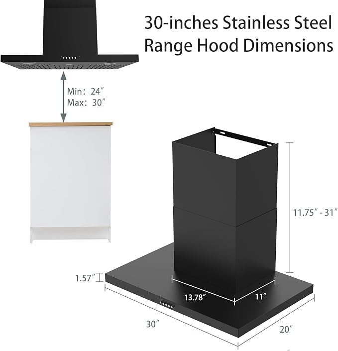 ONEEON 30" Range Hood - 650 CFM Wall Mount Kitchen Exhaust with 3 Speed Fan, LED Lights, Push Button, Ultra-thin Body, Chimney Style Stove Vent Hood & Ducted Exhaust Vent, Black