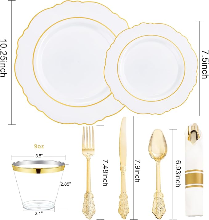 Liacere 350PCS Gold Plastic Plates-Disposable White and Gold Plates 50guest Baroque Plastic Dinnerware include 100Plates, 50Pack Pre Rolled Napkins with Silverware 50Cups for Wedding & Party