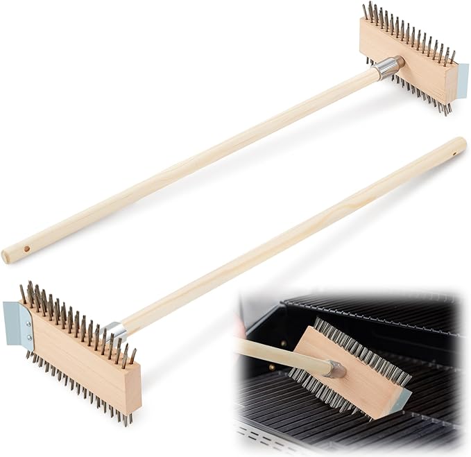 2 Pcs Stainless Steel Grill Brushes, Grill Scraper with 30'' Long Wooden Handle Commercial Oven Charbroiler Cleaning Brush for Outdoor Kitchens BBQ Restaurants
