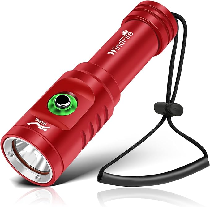 WINDFIRE TS08 Dive Light Super Bright, Scuba Flashlight Rechargeable, IP68 Waterproof 197 ft Depth Underwater Flashlight, 3 Modes & Power Indicator, Snorkeling Torch for Night Diving