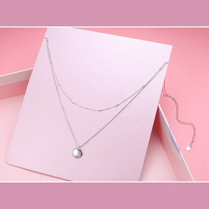 FLYOW Layered Choker Necklace S925 Sterling Silver Star Full Moon Daisy Flower Pendant Disc Jewelry Adjustable Clavicle Necklaces for Women Girls Birthday Gifts