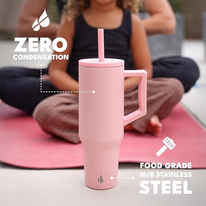 Elemental 40 oz Tumbler with Handle and Straw - Spill Proof Insulated Stainless Steel Commuter for Cold Beverages - Travel Coffee Mug with 2 Straws & Spill Proof Lid - 40oz - Rose