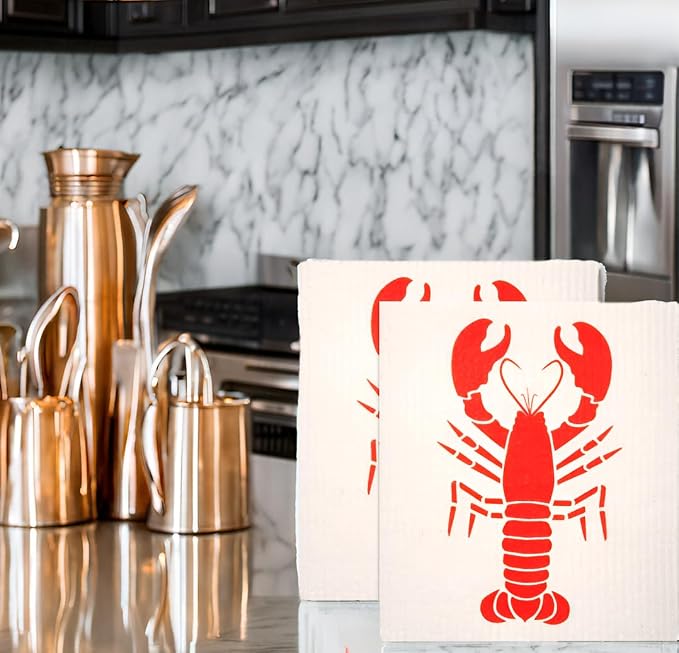 Swedish Dishcloths 2-Pack, Super Absorbent Reusable Cellulose Sponge Cloths, Eco-Friendly Kitchen Cleaning Towels, Machine Washable, with Red Lobster Print, 7.87x6.88 inch