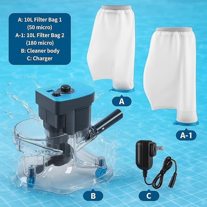 Leaf Eater, Heavy-Duty Cordless Pool Vacuum Cleaner with Dual Filter Bags,with Pole,Powerful Suction, Rechargeable, Effortless Leaf & Debris Removal, for Above Ground Pools & In Ground Pools