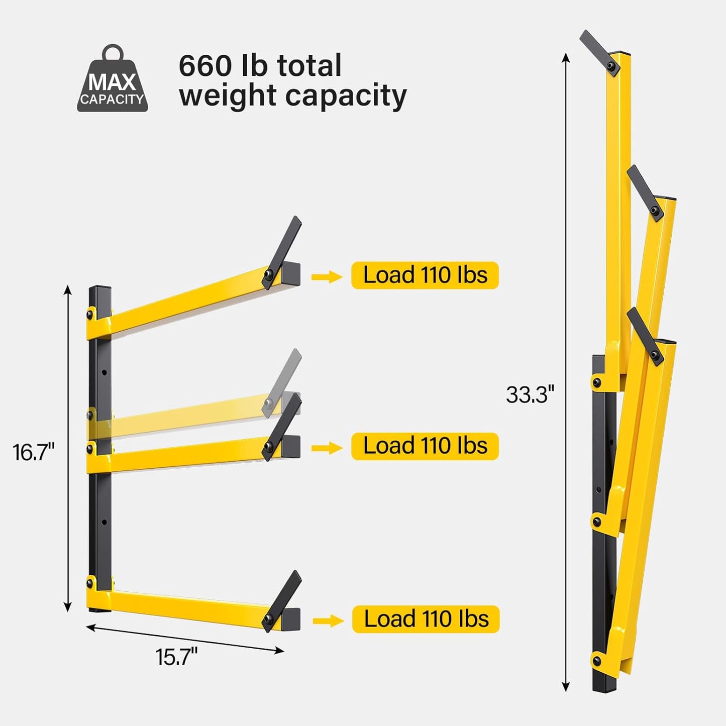 GREENER Lumber Storage Rack Folding Wood Storage Racks Wall-Mounted Metal Racks for Storage with 3-Level Heavy Duty Garage Wood Organizer for Woodworking Shop Indoor & Outdoor Use, 4 pairs,Yellow