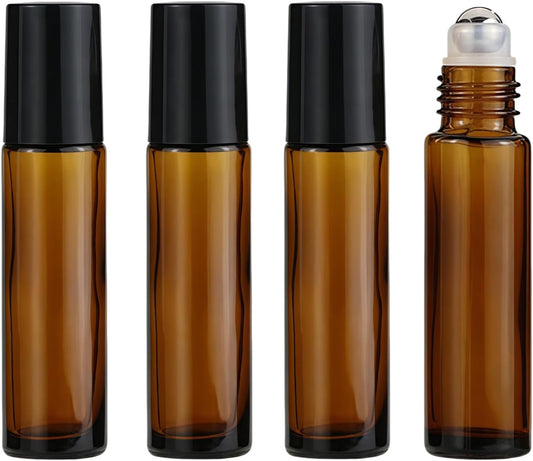 4 Pack 10ml Oil Essential Stainless Roller Bottles, Refillable Amber Glass Roller Bottles for Travel, Perfume and Lip Gloss with Steel Roller Balls and Caps