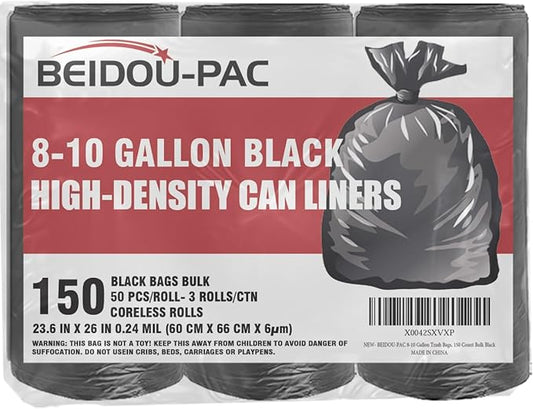BEIDOU-PAC 8-10 Gallon Trash Bags, 150 Count Black Garbage bags, Multi-purpose Trash Can Bin Liners for Bathroom, Office, Industrial, Commercial, Janitorial, Municipal, Recycling