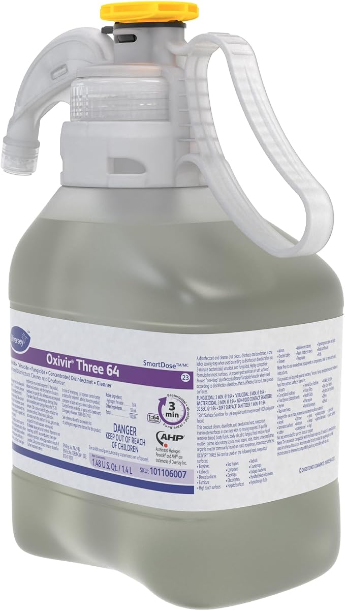Oxivir Diversey 101106007 Three 64 Disinfectant Cleaner, Multi Purpose Hard Surface Cleaner, Hydrogen Peroxide Based Concentrate, Unscented, SmartDose, 1.4-Liter