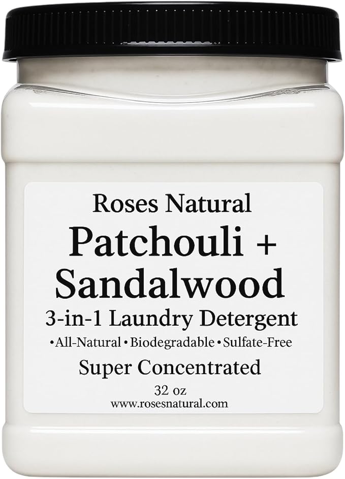 Patchouli + Sandalwood 3-in-1 Laundry Detergent Powder, 32 oz – Cleans, Softens & Removes Stains – Super Concentrated, All-Natural, Sulfate-Free, HE Compatible, Made in the USA