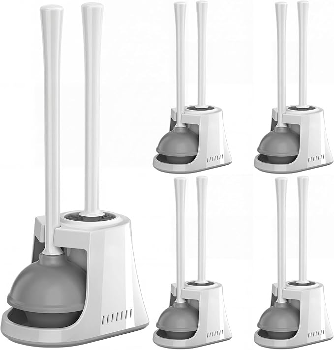 Reallnaive 4 Set Toilet Plunger and Brush Set with Ventilated Holder 2 in 1 Toilet Bowl Brush and Heavy Duty Plunger Combo Bathroom Cleaning Kit for Home and Commercial Bathrooms Drainage(White)