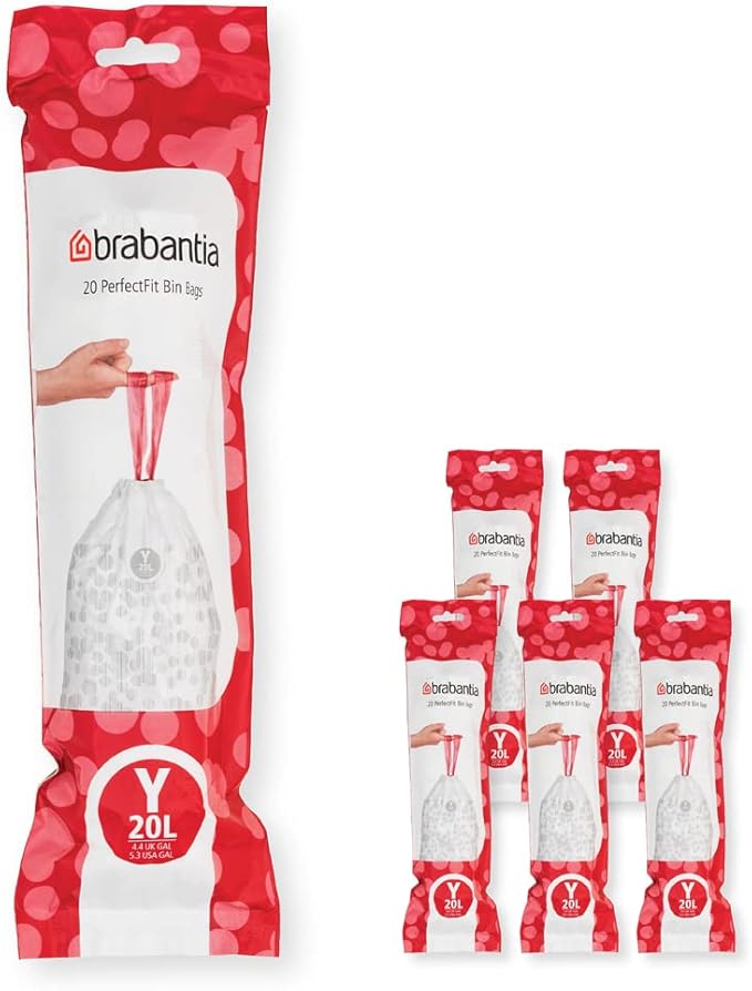 Brabantia PerfectFit Trash Bags (Size Y/5.3 Gal) Thick Plastic Trash Can Liners with Drawstring Handles (120 Bags)