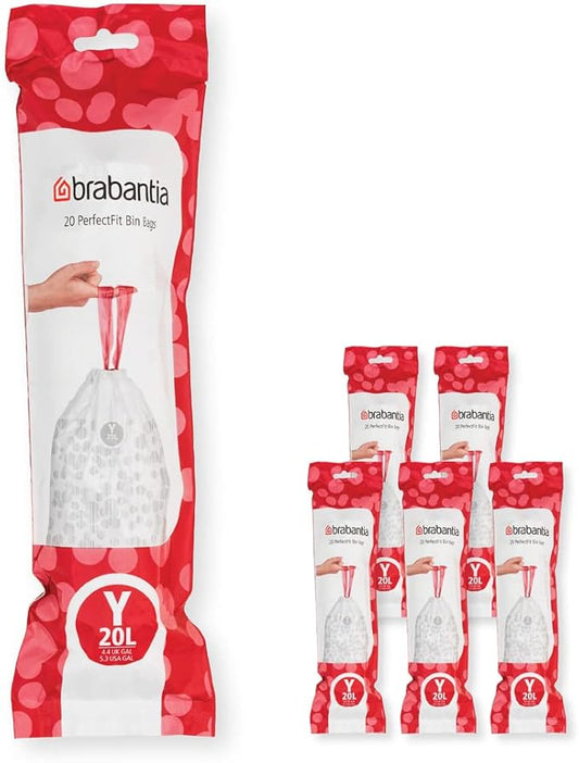 Brabantia PerfectFit Trash Bags (Size Y/5.3 Gal) Thick Plastic Trash Can Liners with Drawstring Handles (120 Bags)