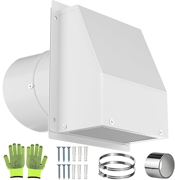 5 Inch Dryer Vent Cover Outside, Exterior Dryer Vent Cover Wall Vent Cover Galvanized Steel Hooded Wall Vent with Screen and Damper White Air Exhaust Duct Outlet Hood Cap for Outdoor Home Laundry