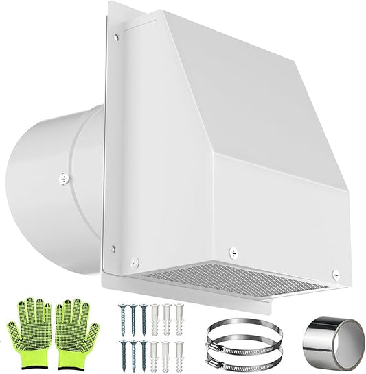 5 Inch Dryer Vent Cover Outside, Exterior Dryer Vent Cover Wall Vent Cover Galvanized Steel Hooded Wall Vent with Screen and Damper White Air Exhaust Duct Outlet Hood Cap for Outdoor Home Laundry