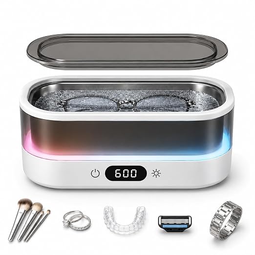 Ultrasonic Cleaner for Jewelry, Glasses & Retainers, 48kHz Sonic Cleaning Machine with 7-Color LED Ambient Light, Digital Timer, Quiet Deep Cleaner for Rings, Dentures & Watches（White）