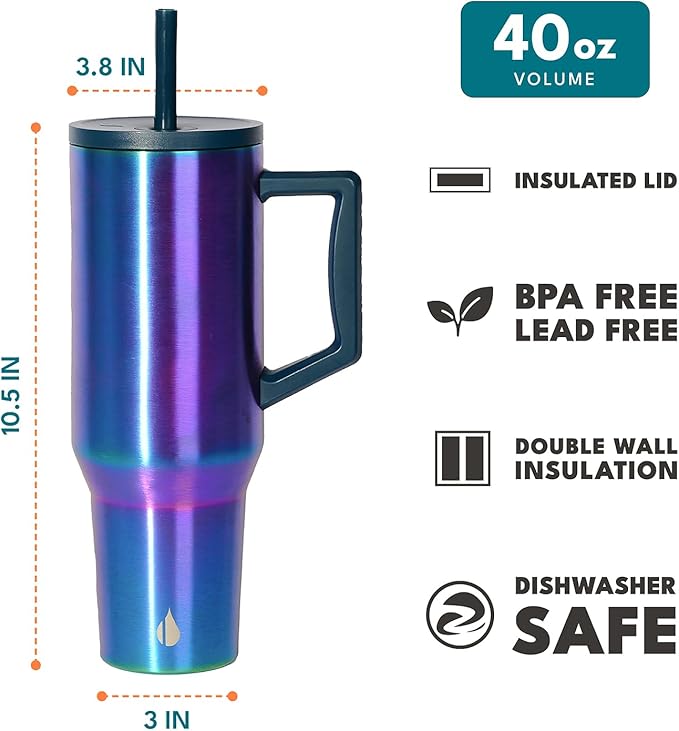 Elemental 40 oz Tumbler with Handle and Straw - Spill Proof Insulated Stainless Steel Commuter for Cold Beverages - Travel Coffee Mug with 2 Straws & Spill Proof Lid - 40oz - Iridescent