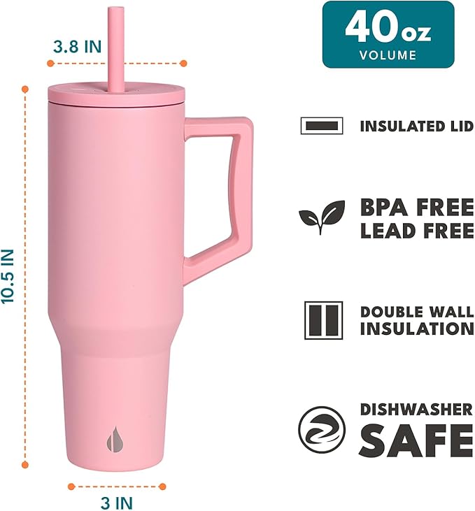 Elemental 40 oz Tumbler with Handle and Straw - Spill Proof Insulated Stainless Steel Commuter for Cold Beverages - Travel Coffee Mug with 2 Straws & Spill Proof Lid - 40oz - Rose