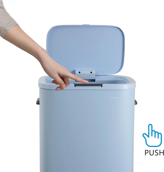 happimess HPM1017H Tammi Kitchen 14.5-Gallon Slim Metal Push Button Trash Can for Home, Kitchen, Laundry Room, Office, Bedroom, Bathroom, Tide Pool Blue