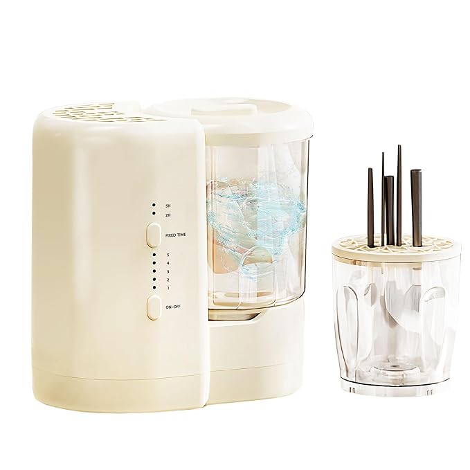 3-in-1 Electric Makeup Brush Cleaner & Mini Underwear Washing Machine & Makeup Brush Air Dryer with 2 Containers, Suitable for Cleaning Beauty Makeup Brush Set, Underwear and Socks, Beige