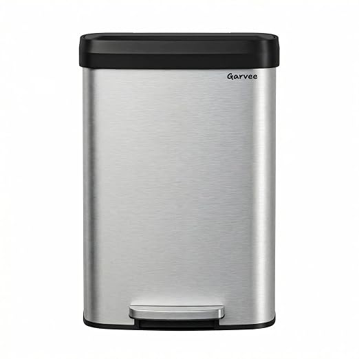 Garvee 13 gal / 50 L Stainless Steel Trash Can with Lid, Large Garbage Can for Kitchen, Rustproof Step-on Kitchen Metal Trash Bin with Liner Rim, Rear Handle, Soft Close Plastic Lid, Silver