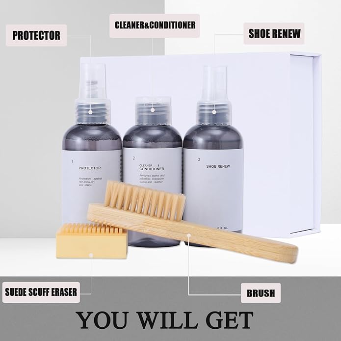 Shoe Care Kit with Restore Spray, Guard Spray, Cleaner, Brush and Eraser, 4 Fl Oz Bottles for Sheepskin Suede Boots Canvas Slippers