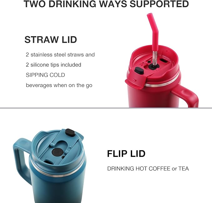 EALGRO Insulated Coffee Mug Cup with Lid, 40 oz Tumbler with Handle and Straw, Double walled Stainless Steel Coffee Tumbler, Thermal Water Bottle Jug, Navy Blue