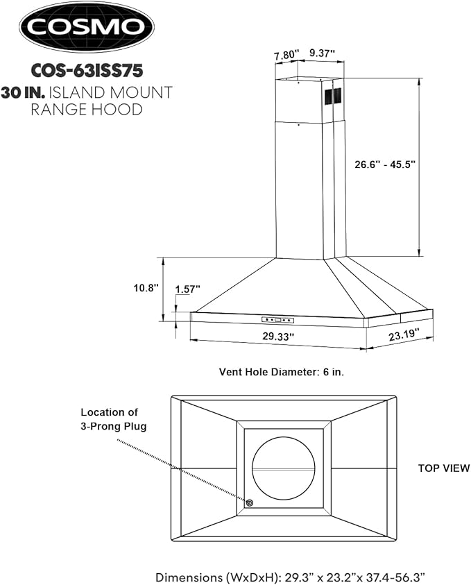 COSMO COS-63ISS75 30 in. Lumin Collection 380 CFM Ducted Island Range Hood, Soft Touch Controls, LED Lights, Stainless Steel