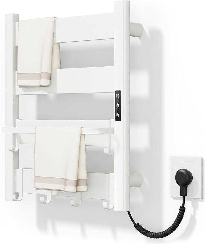 4-Bar Heated Towel Rack for Bathroom with Shelf and Hooks, Wall Mounted Plug-in Electric Towel Warmer, Fast PTC Heating in 6 Minutes, 3 Temperature Levels & 6 Timer Settings, Matte White